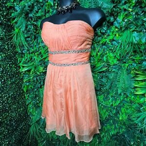 MAY QUEEN Dress 10 Peach Orange Short Formal Beaded Pleated‎ Strapless   1067